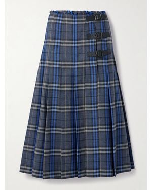 Burberry Midirock Aus Karierter Wolle Mit Falten Und Lederbesätzen - Blau