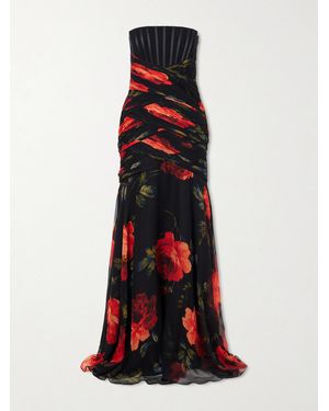 Carolina Herrera Strapless Ruched Floral-Printed Silk-Chiffon Gown - Red