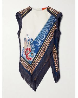 La DoubleJ Fringed Asymmetric Printed Silk-Twill Top - Blue