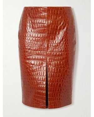 Saint Laurent Croc-Effect Leather Skirt - Red