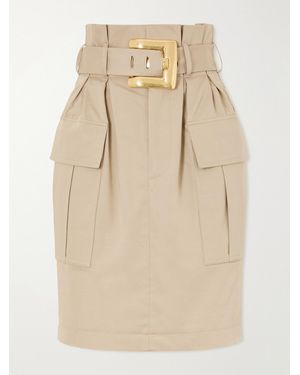 Balmain Belted Cotton-Gabardine Midi Skirt - Natural