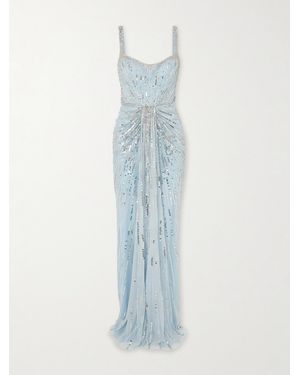 Jenny Packham Chrissy Gathered Draped Embellished Tulle Gown - Blue