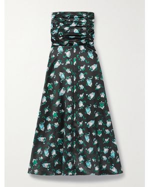 HVN Karla Strapless Ruched Printed Satin Midi Dress - Green