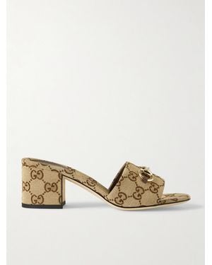 Gucci Horsebit-Embellished Canvas-Jacquard Mules - Natural