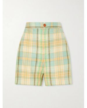 God's True Cashmere Lime Moss Checked Linen Shorts - Yellow