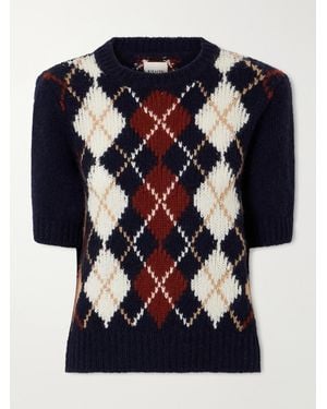 KHAITE Lisa Checked Embroidered Wool And Mohair-Blend Jumper - Blue