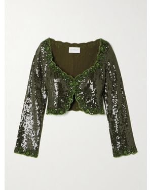Clio Peppiatt Olivine Cropped Scalloped Embellished Crepe Top - Green