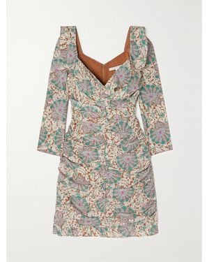 Veronica Beard Lozano Ruched Printed Silk-Blend Crepe Mini Dress - Natural