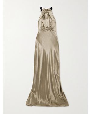 Saloni Michelle Velvet-Trimmed Open-Back Satin Gown - Natural
