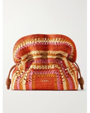 Loewe Paula's Ibiza Flamenco Mini Leather-Trimmed Crocheted Raffia Clutch - Orange