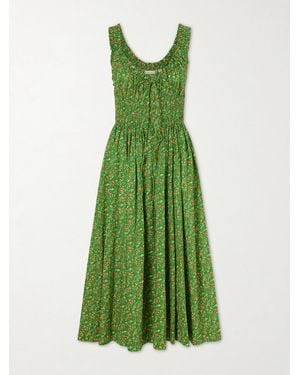 Doen Emmaretta Shirred Floral-Print Organic Cotton Midi Dress - Green