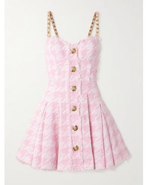 Balmain Embellished Frayed Houndstooth Cotton-Blend Tweed Mini Dress - Pink