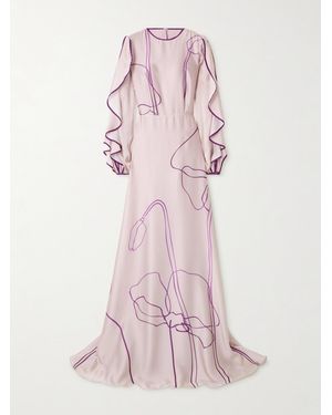 Costarellos Priela Ruffled Cutout Floral-Print Satin Gown - Pink