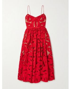 Self-Portrait Midikleid Aus Guipure-Spitze Aus Baumwolle Mit Schleife - Rot