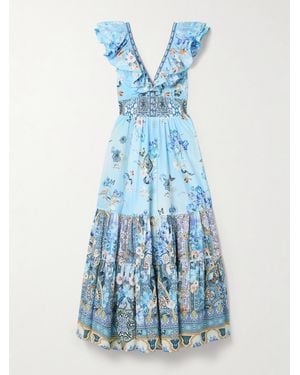 CAMILLA Ruffled Crystal-Embellished Printed Organic Cotton-Poplin Maxi Dress - Blue