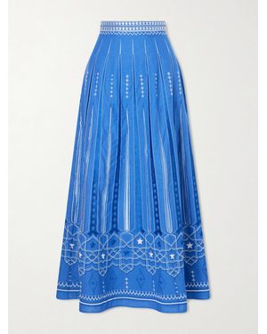 Emporio Sirenuse Camille Embroidered Linen And Cotton-Blend Midi Skirt - Blue