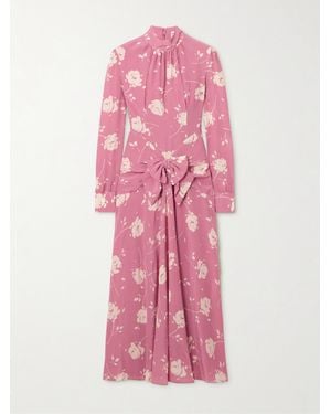 Alessandra Rich Midikleid Aus Seiden-Georgette Mit Blumenprint, Schleife Und Raffungen - Pink