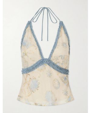 SIR. Cecile Ruffled Printed Chiffon Halter Top - Blue