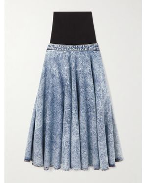 Alaïa Stretch-Knit And Pleated Denim Midi Skirt - Blue