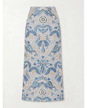 Marta Ferri Embroidered Woven Midi Skirt - Blue