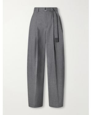 Sacai Belted Pleated Twill Wide-Leg Trousers - Grey