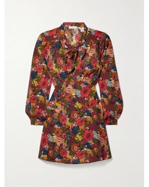 Doen Kira Minikleid Aus Seiden-Georgette Mit Schluppe, Bindegürtel Und Blumenprint - Rot