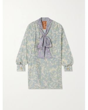 Yvonne S Net Sustain Pussy-Bow Printed Silk Blouse - Blue