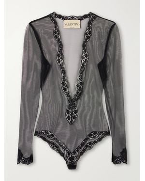Valentino Garavani Lace-Trimmed Mesh Bodysuit - Grey