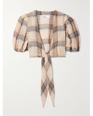 Lisa Marie Fernandez Net Sustain Pouf Cropped Tie-Front Checked Linen-Blend Gauze Top - Natural