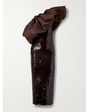 ‎Dima Ayad One-Shoulder Metallic Cloqué-Trimmed Sequined Satin-Jersey Midi Dress - Brown