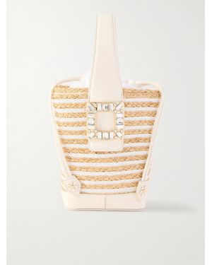 Roger Vivier Viv' Skate Embellished Leather-Trimmed Striped Woven Raffia Clutch - Natural