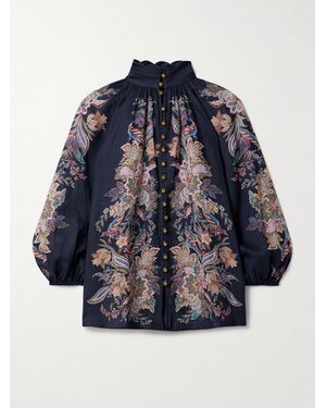 Zimmermann Rhiannon Floral-Print Ramie Blouse - Blue