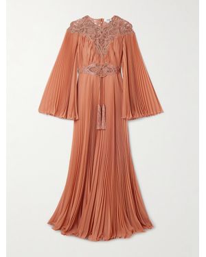 Zuhair Murad Embroidered Embellished Tulle-Trimmed Plissé-Georgette Gown - Orange