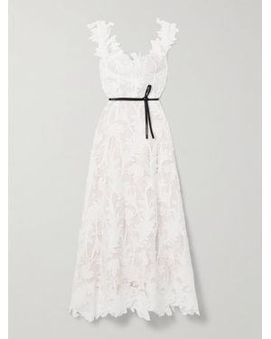 Oscar de la Renta Belted Appliquéd Guipure Lace Gown - White