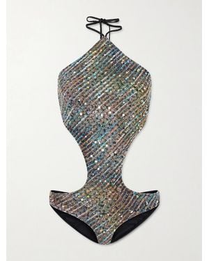 Missoni Cut-Out Sequin-Embellished Striped Metallic Cotton-Blend Halterneck Swimsuit - Grey