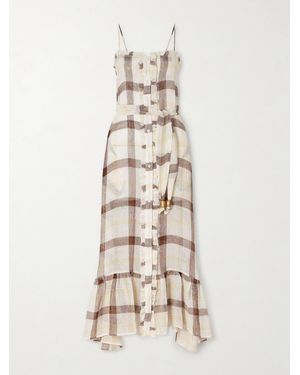 Lisa Marie Fernandez Belted Embellished Tiered Ruffled Checked Linen-Blend Gauze Maxi Dress - Natural