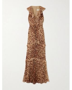 Saloni Rita Ruffled Cheetah-Print Crepon Gown - Natural