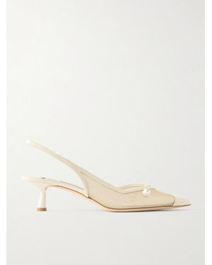 Jimmy Choo Amita 45 Faux-Pearl Embellished Patent-Leather Trimmed Metallic Mesh Slingback Pumps - Natural