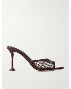 Aquazzura Bisous 85 Suede-Trimmed Fishnet Mules - Natural