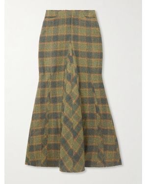 Our Legacy Rebel Distressed Panelled Checked Cotton-Flannel Midi Skirt - Green