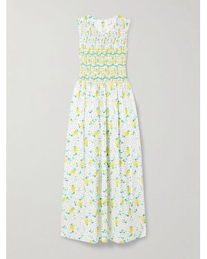 Loretta Caponi Gioia Smocked Printed Cotton-Voile Midi Dress - White