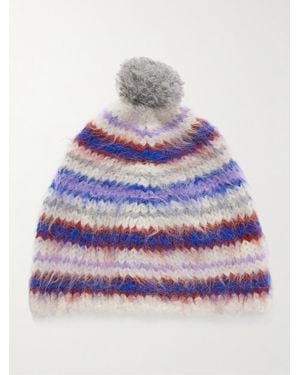 The Elder Statesman Thistle Pompom-Embellished Striped Brushed Alpaca-Blend Beanie - Gray