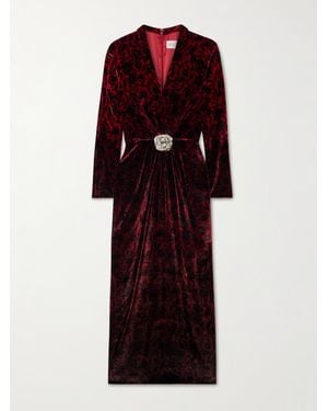 Saloni Mya Crystal-Embellished Gathered Printed Velvet Midi Dress