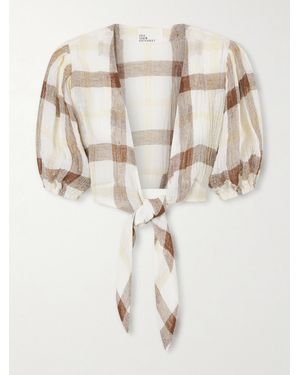 Lisa Marie Fernandez Pouf Cropped Checked Linen-Blend Crepon Blouse - Natural