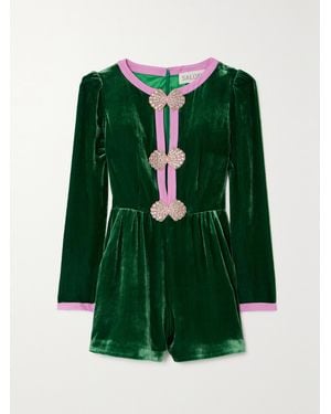 Saloni Camille Embellished Silk Crepe-Trimmed Velvet Playsuit - Green