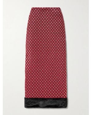 D'Estree Monica Plush-Trimmed Metallic Jacquard Midi Skirt - Red