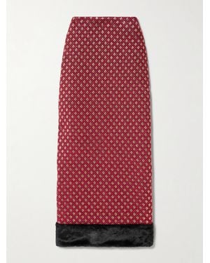D'Estree Monica Plush-Trimmed Metallic Jacquard Midi Skirt - Red