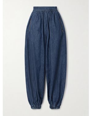 Valentino Garavani Embroidered Chambray Tapered Trousers - Blue