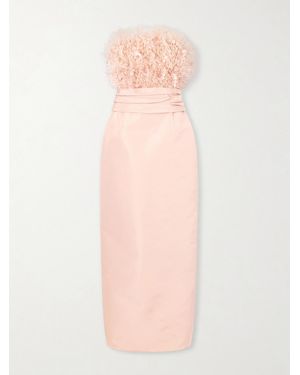 Oscar de la Renta Point D'Esprit Strapless Embellished Feather-Trimmed Silk-Faille Gown - Pink