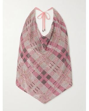 Self-Portrait Checked Crystal And Chainmail-Embellished Faille Halterneck Top - Pink